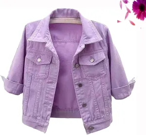 3/4 Sleeve Short Denim Jacket Plus Size,Jeans Jackets for Women 2024, Lapel Button Down Casual Jean Jackets