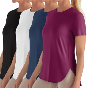 4 Pack Women's Workout T Shirts Short Sleeve Athletic Basic Tee Tops Quick Dry UPF 50  Sun Protection with Split Hem