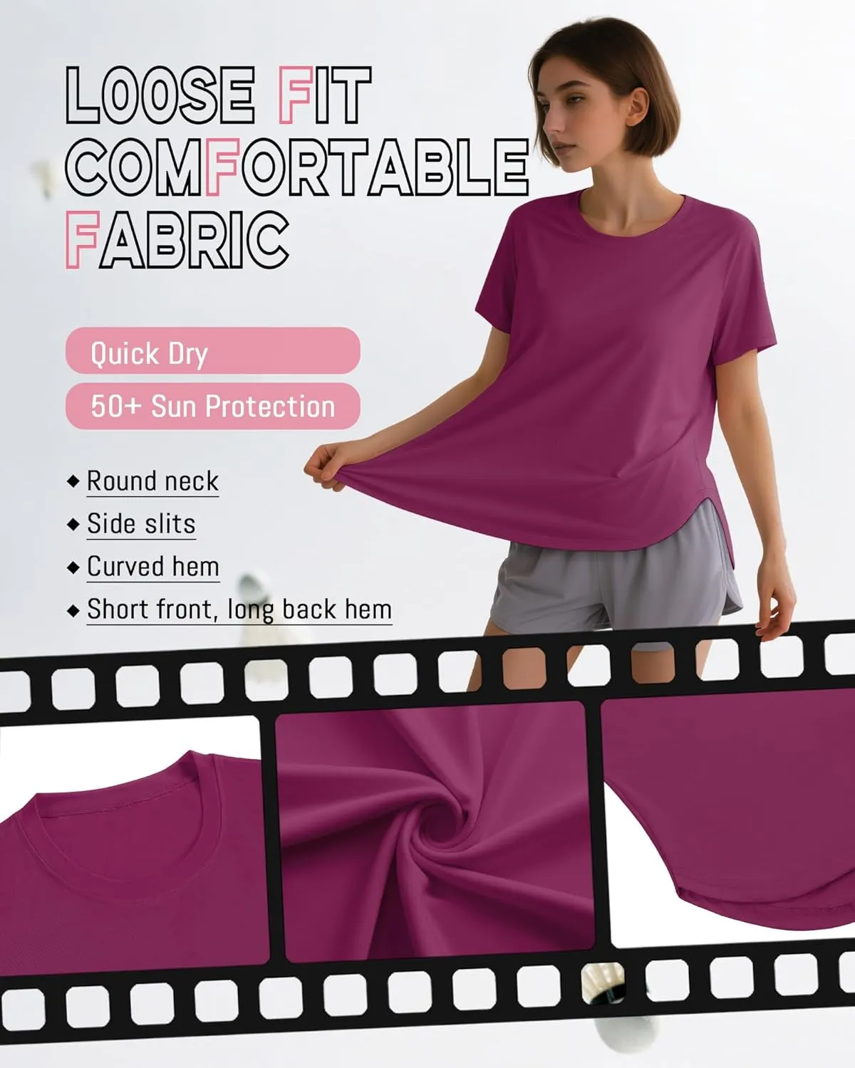4 Pack Women's Workout T Shirts Short Sleeve Athletic Basic Tee Tops Quick Dry UPF 50  Sun Protection with Split Hem