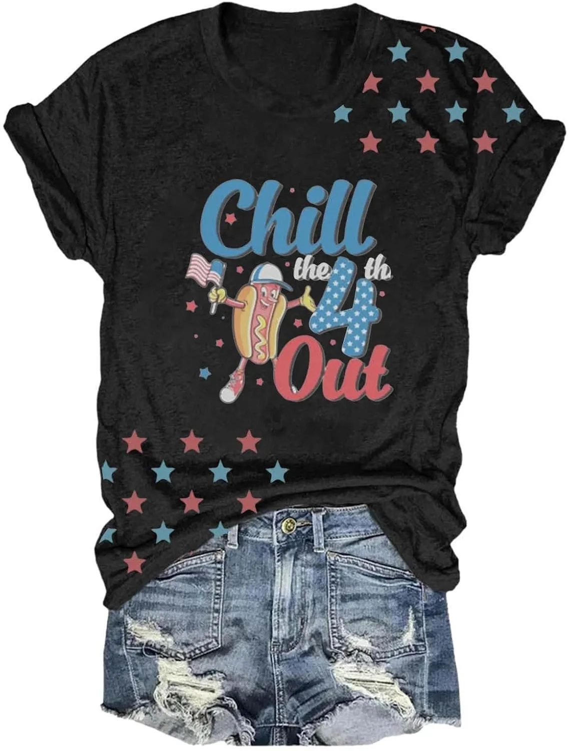 4th of July Shirts for Women 2025 Cute Hot Dog Graphic Short Sleeve Tee Casual American Flag Patriotic Plus Size Tops