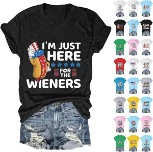 4th of July Shirts for Women 2025 Cute Hot Dog Graphic Short Sleeve Tee Casual American Flag Patriotic Plus Size Tops