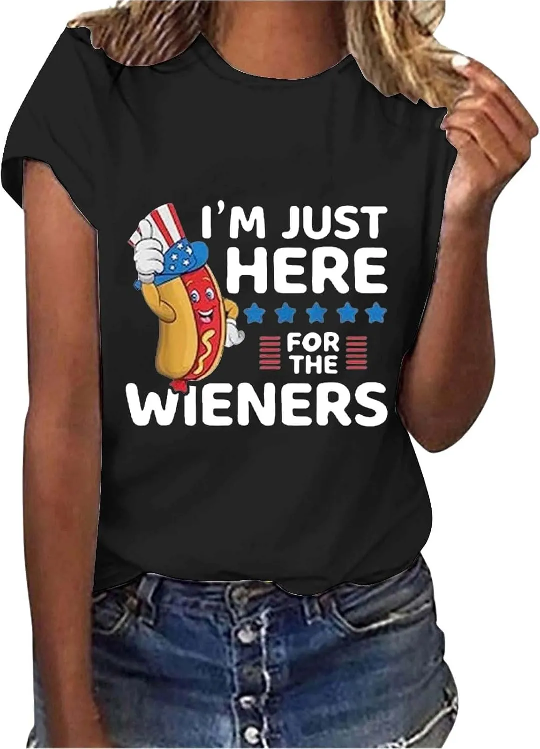 4th of July Shirts for Women 2025 Cute Hot Dog Graphic Short Sleeve Tee Casual American Flag Patriotic Plus Size Tops