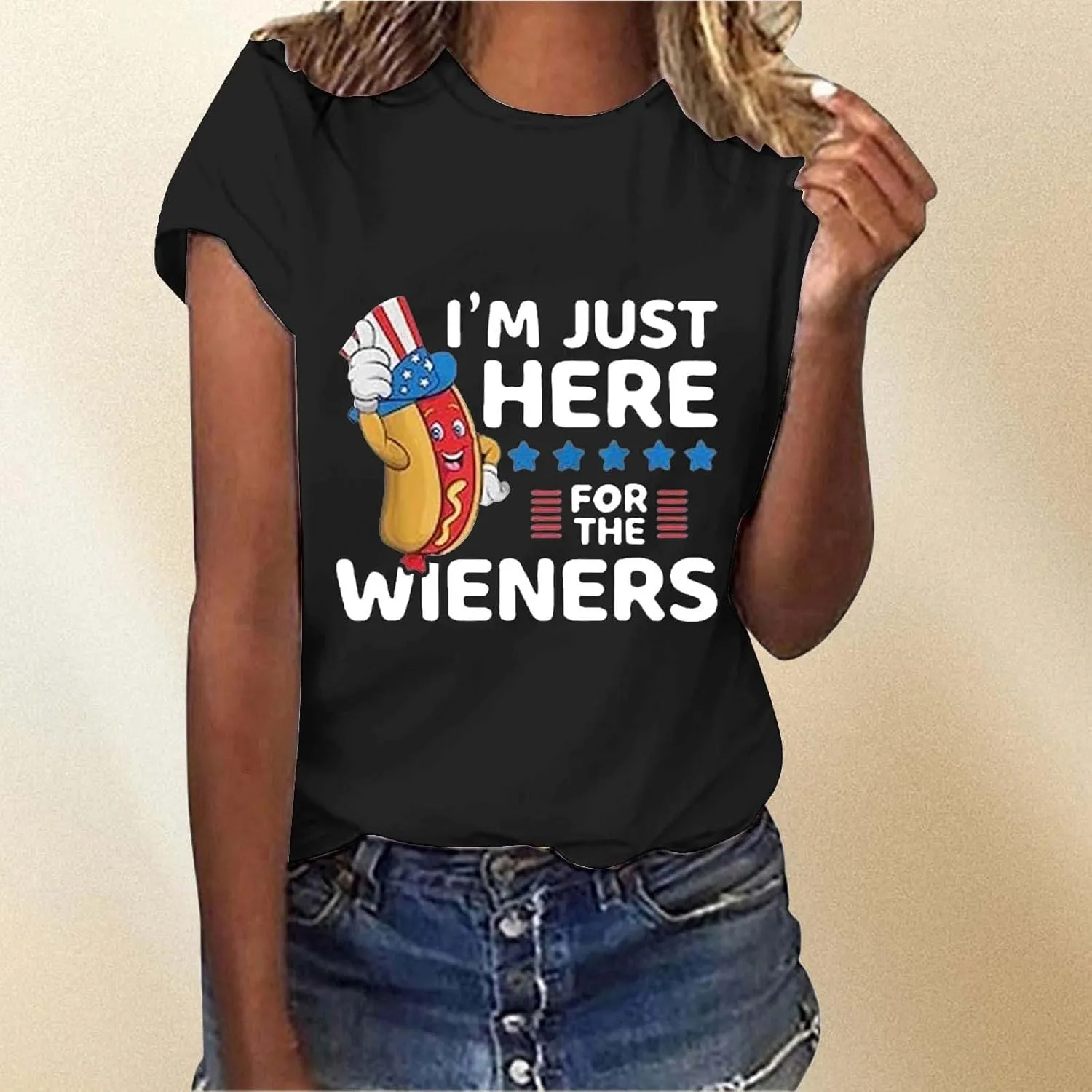 4th of July Shirts for Women 2025 Cute Hot Dog Graphic Short Sleeve Tee Casual American Flag Patriotic Plus Size Tops