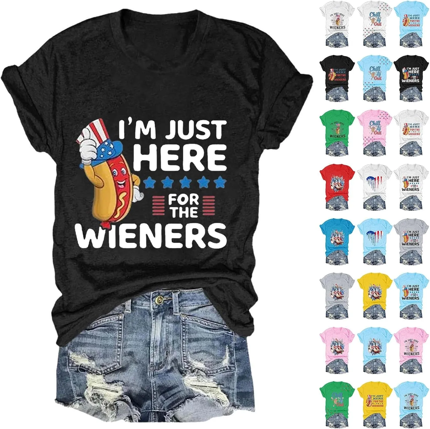 4th of July Shirts for Women 2025 Cute Hot Dog Graphic Short Sleeve Tee Casual American Flag Patriotic Plus Size Tops