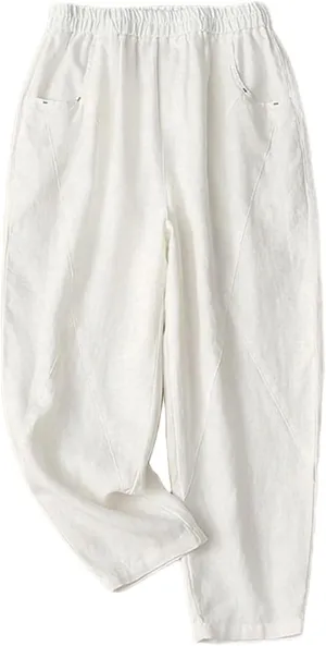 Adhdyuud Ladies Linen Elastic Waist Harem Pants Loose Casual Harajuku Bloomers