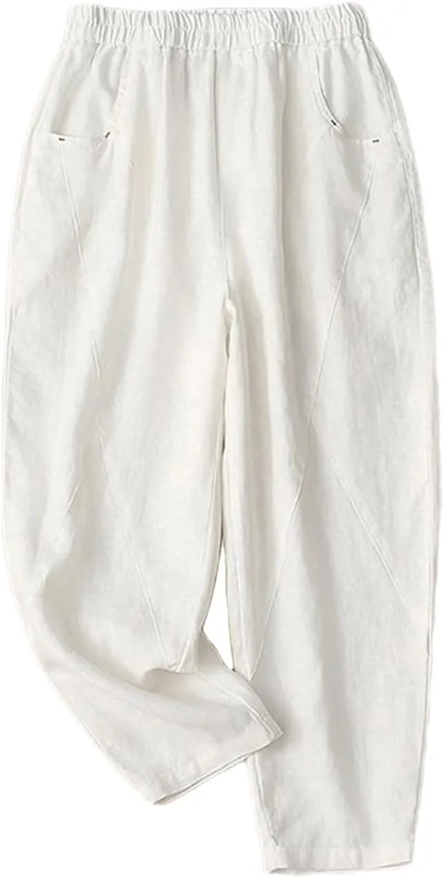 Adhdyuud Ladies Linen Elastic Waist Harem Pants Loose Casual Harajuku Bloomers