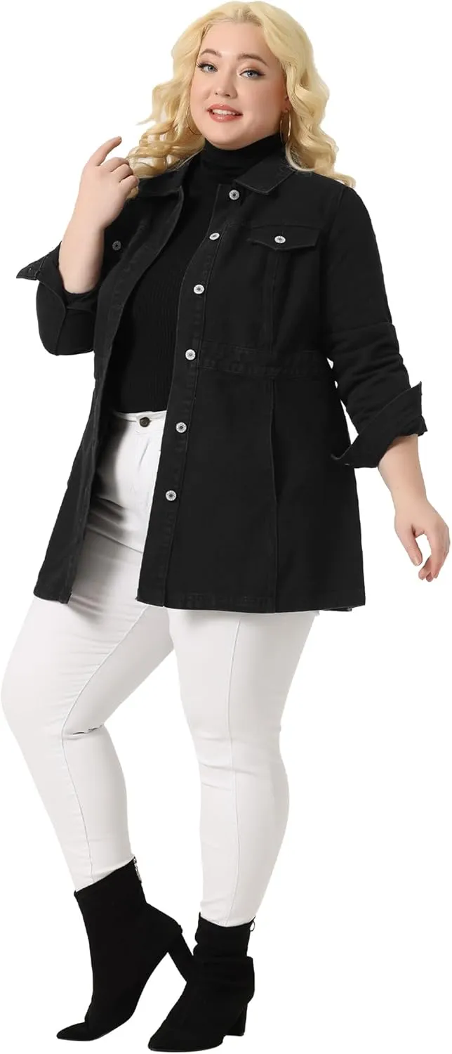 Agnes Orinda Plus Size Denim Jacket for Women Buttons Long Sleeve Jean Jackets