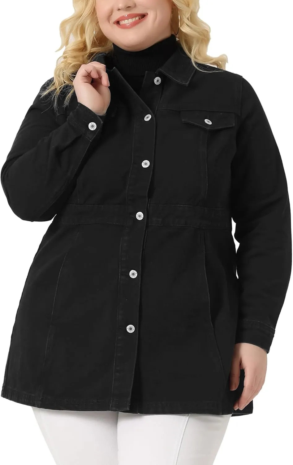 Agnes Orinda Plus Size Denim Jacket for Women Buttons Long Sleeve Jean Jackets