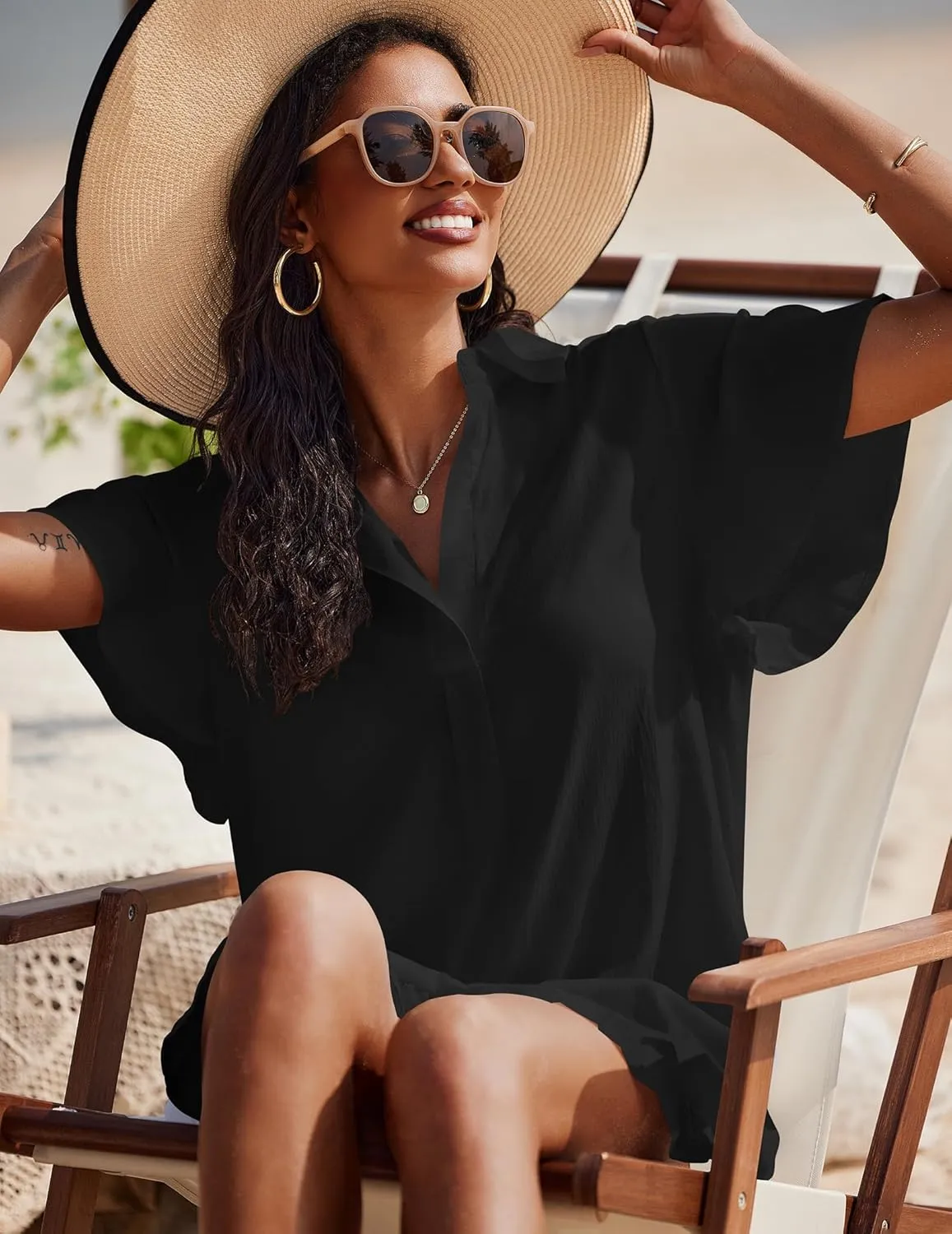 AI'MAGE Womens Swimsuit Coverup Short Sleeve Beach Bathing Suit Cover Up Swimwear Flowy Ruffle Bikini Dress Shirt