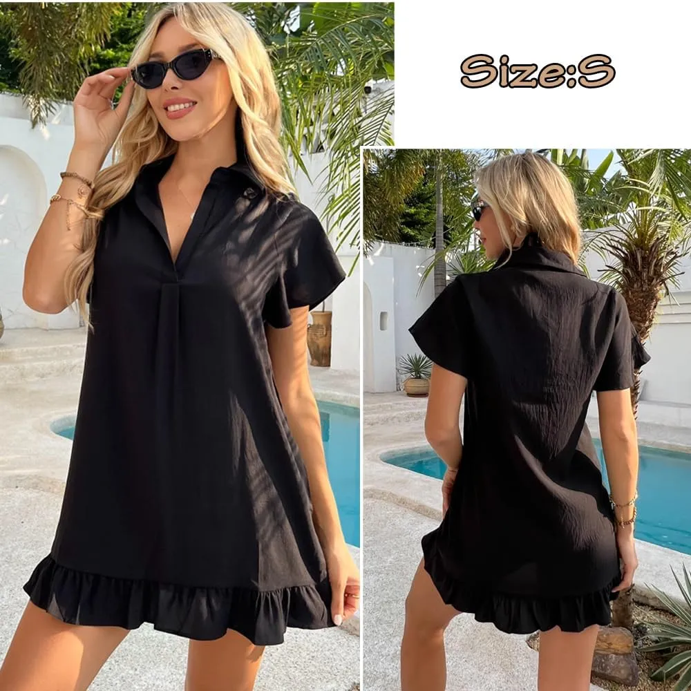 AI'MAGE Womens Swimsuit Coverup Short Sleeve Beach Bathing Suit Cover Up Swimwear Flowy Ruffle Bikini Dress Shirt