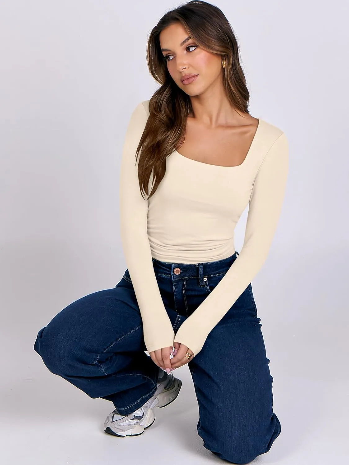 ANRABESS Women Double Lined Long Sleeve Crop Tops Shirts Square Neck Tight Fitted Going Out T-Shirt Basic Tee Outfits 2025