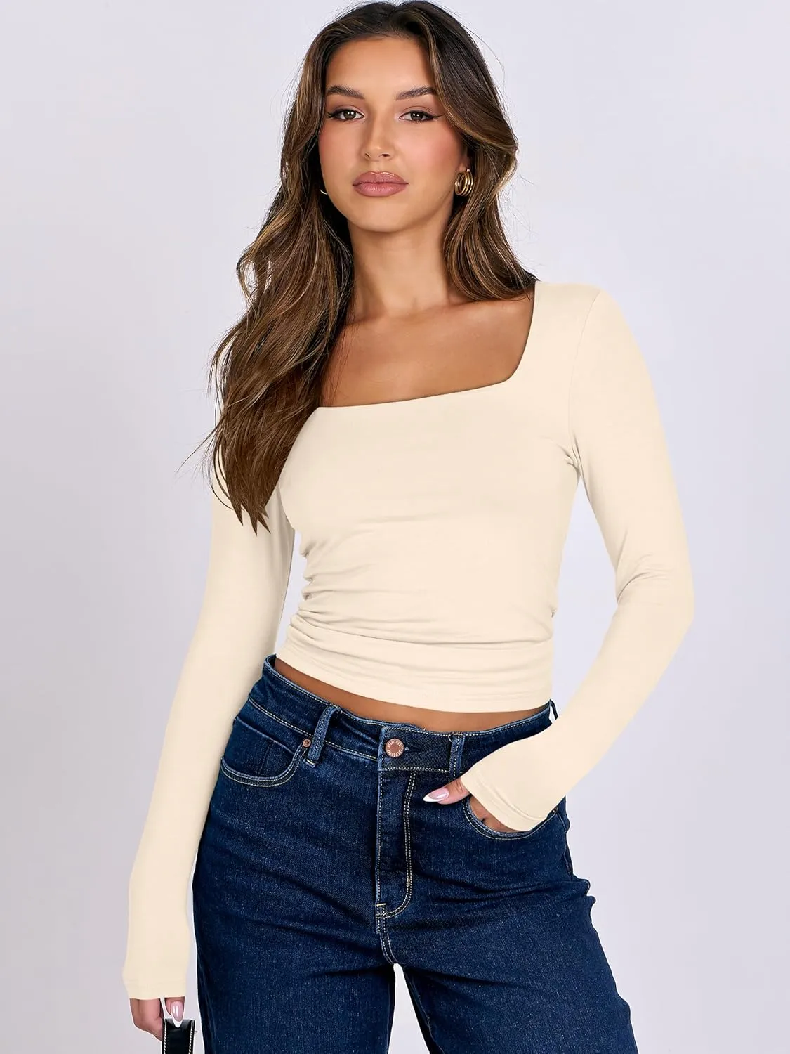ANRABESS Women Double Lined Long Sleeve Crop Tops Shirts Square Neck Tight Fitted Going Out T-Shirt Basic Tee Outfits 2025