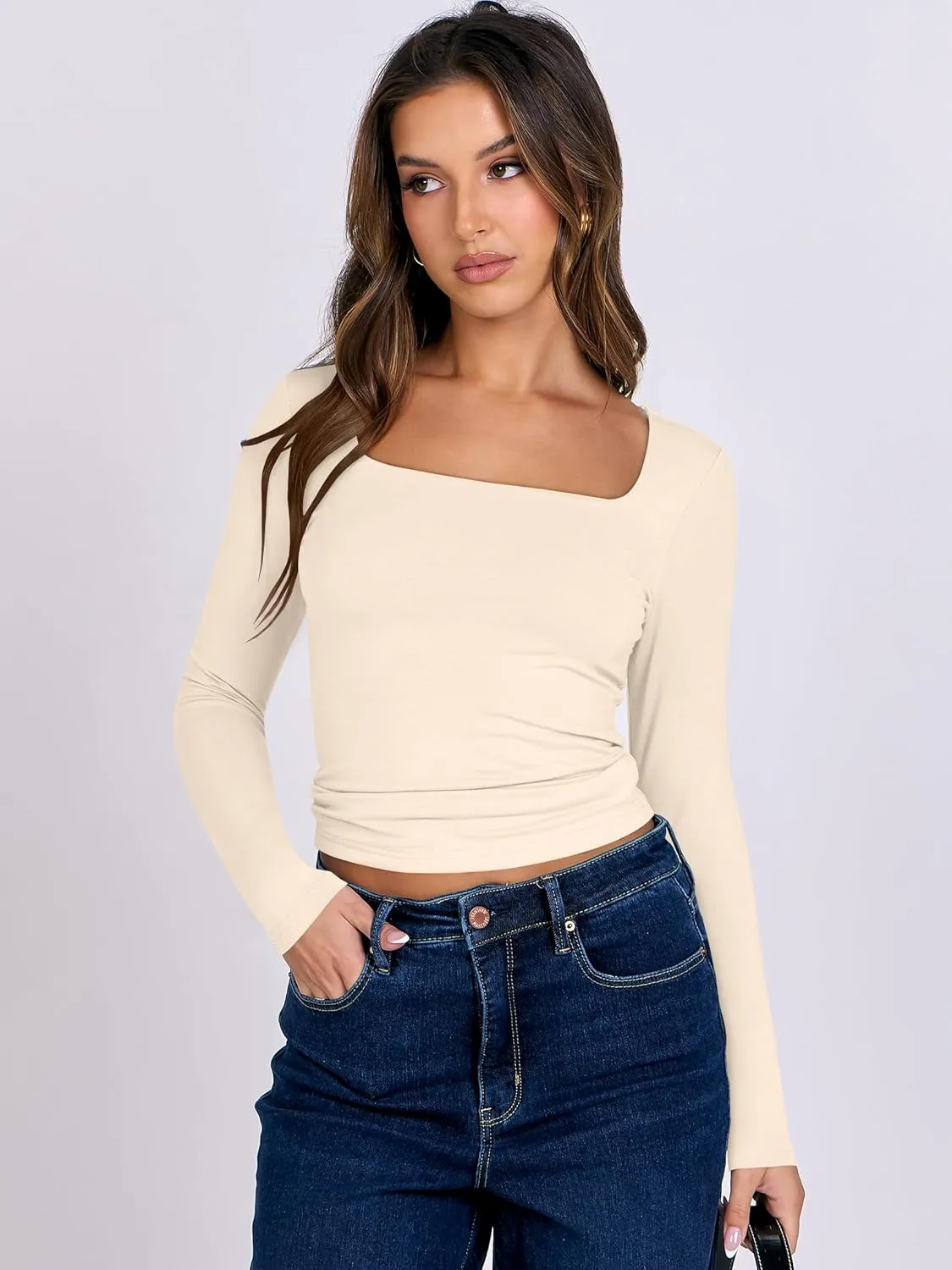 ANRABESS Women Double Lined Long Sleeve Crop Tops Shirts Square Neck Tight Fitted Going Out T-Shirt Basic Tee Outfits 2025
