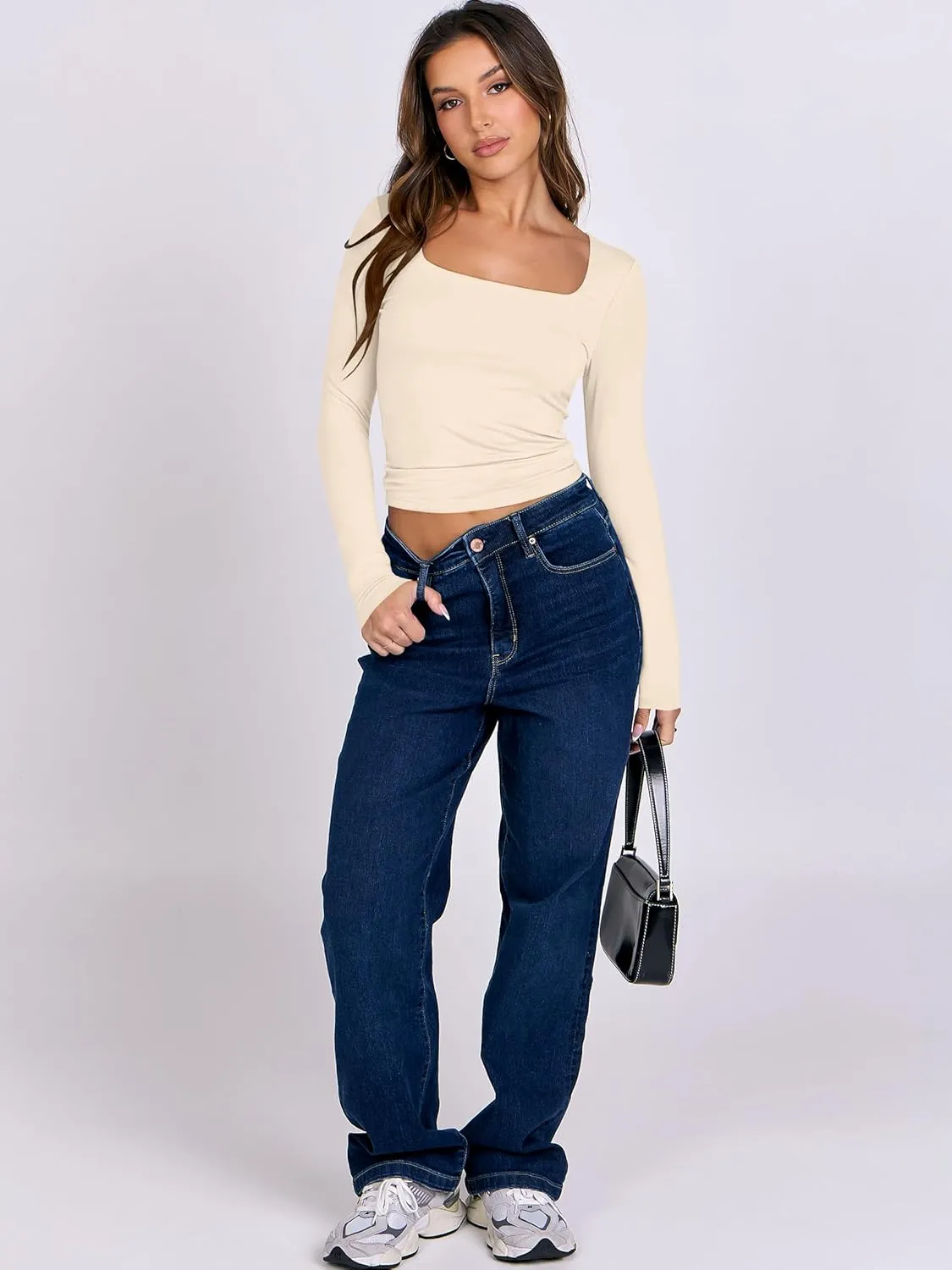 ANRABESS Women Double Lined Long Sleeve Crop Tops Shirts Square Neck Tight Fitted Going Out T-Shirt Basic Tee Outfits 2025