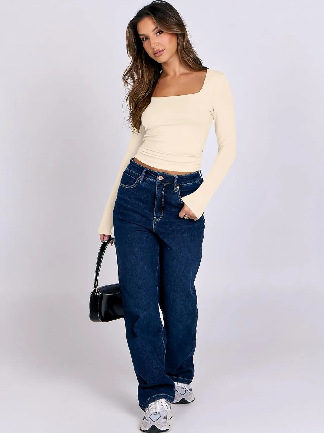 ANRABESS Women Double Lined Long Sleeve Crop Tops Shirts Square Neck Tight Fitted Going Out T-Shirt Basic Tee Outfits 2025