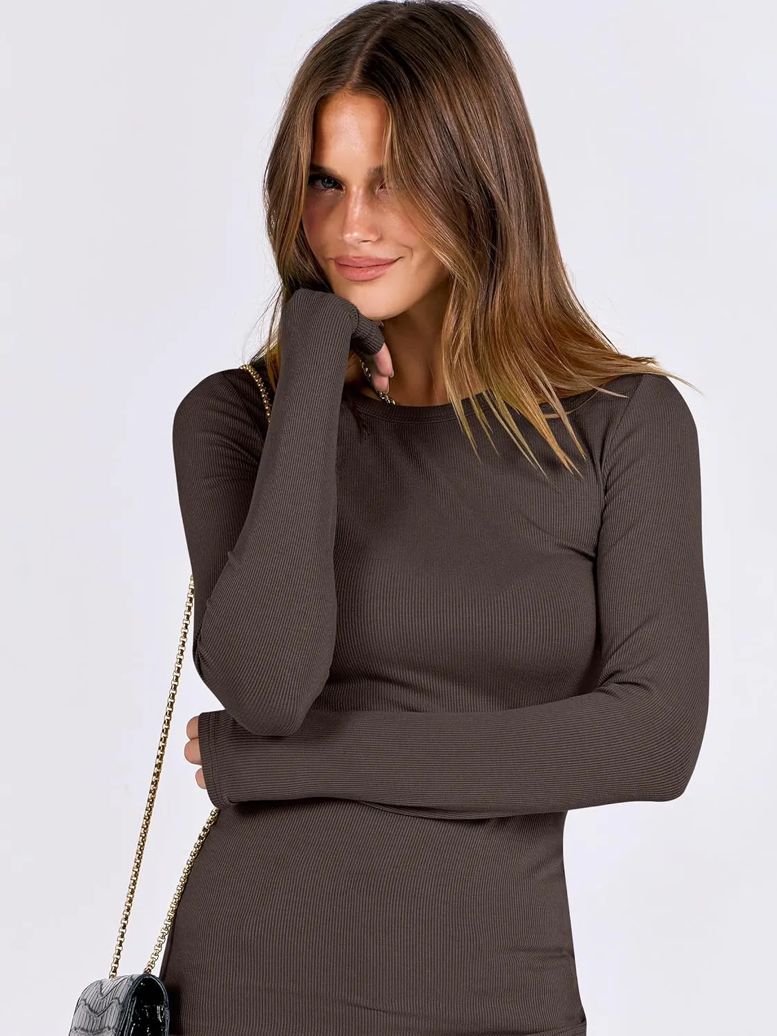 ANRABESS Women Long Sleeve Crewneck Rib Knit Slim Fit Shirts Basic Tee Tops 2025 Casual T-Shirt Going Out Workout Outfits