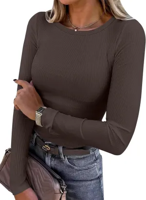 ANRABESS Women Long Sleeve Crewneck Rib Knit Slim Fit Shirts Basic Tee Tops 2025 Casual T-Shirt Going Out Workout Outfits