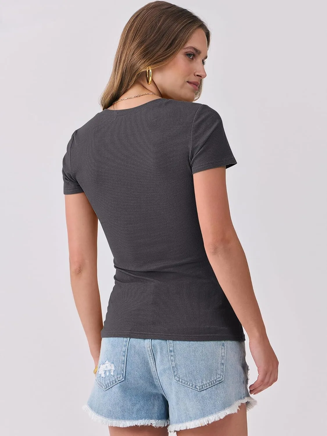 ANRABESS Women Short Sleeve Tops V Neck Rib Knit Slim Fit Shirts Basic Tee 2025 Summer Casual T-Shirt Outfits Clothes