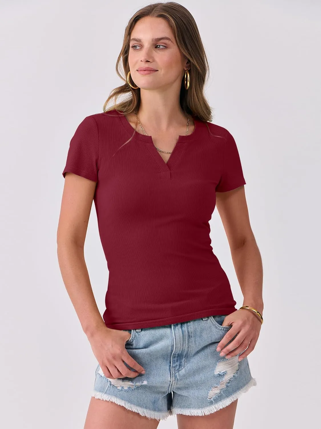 ANRABESS Women Short Sleeve Tops V Neck Rib Knit Slim Fit Shirts Basic Tee 2025 Summer Casual T-Shirt Outfits Clothes