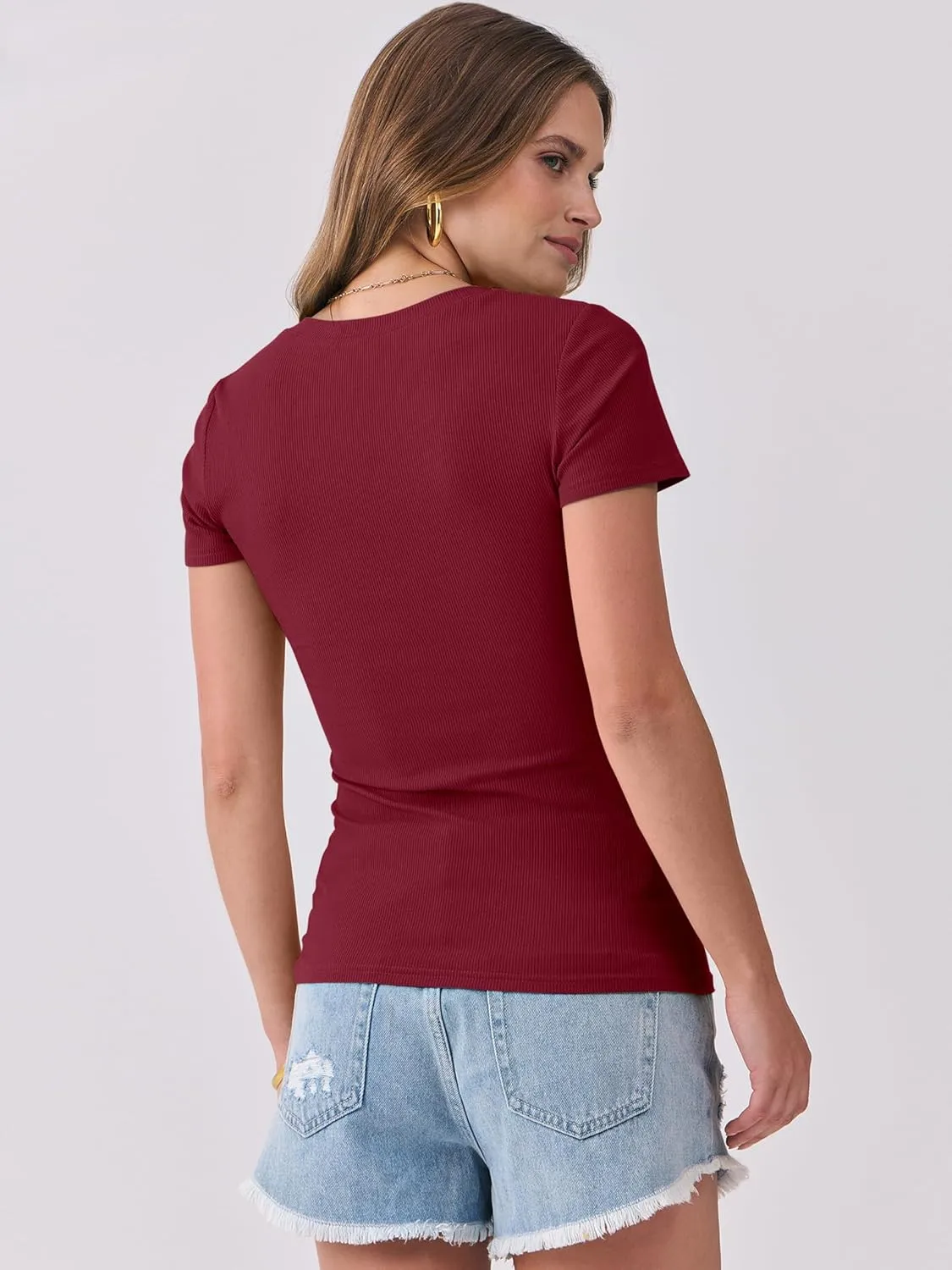 ANRABESS Women Short Sleeve Tops V Neck Rib Knit Slim Fit Shirts Basic Tee 2025 Summer Casual T-Shirt Outfits Clothes