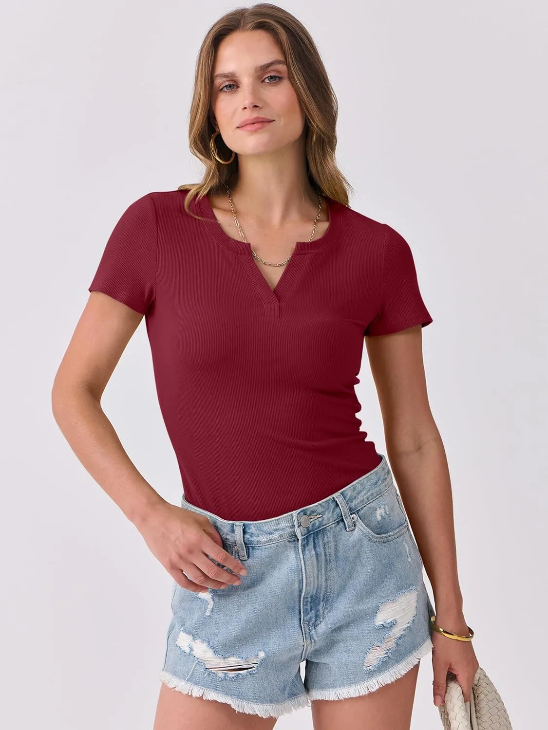 ANRABESS Women Short Sleeve Tops V Neck Rib Knit Slim Fit Shirts Basic Tee 2025 Summer Casual T-Shirt Outfits Clothes