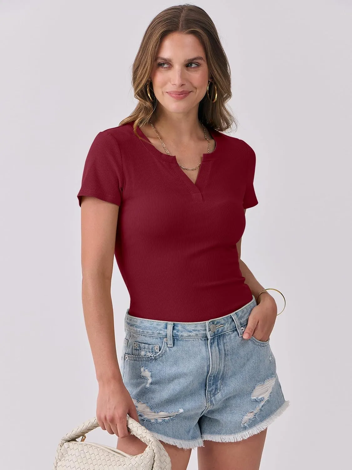 ANRABESS Women Short Sleeve Tops V Neck Rib Knit Slim Fit Shirts Basic Tee 2025 Summer Casual T-Shirt Outfits Clothes