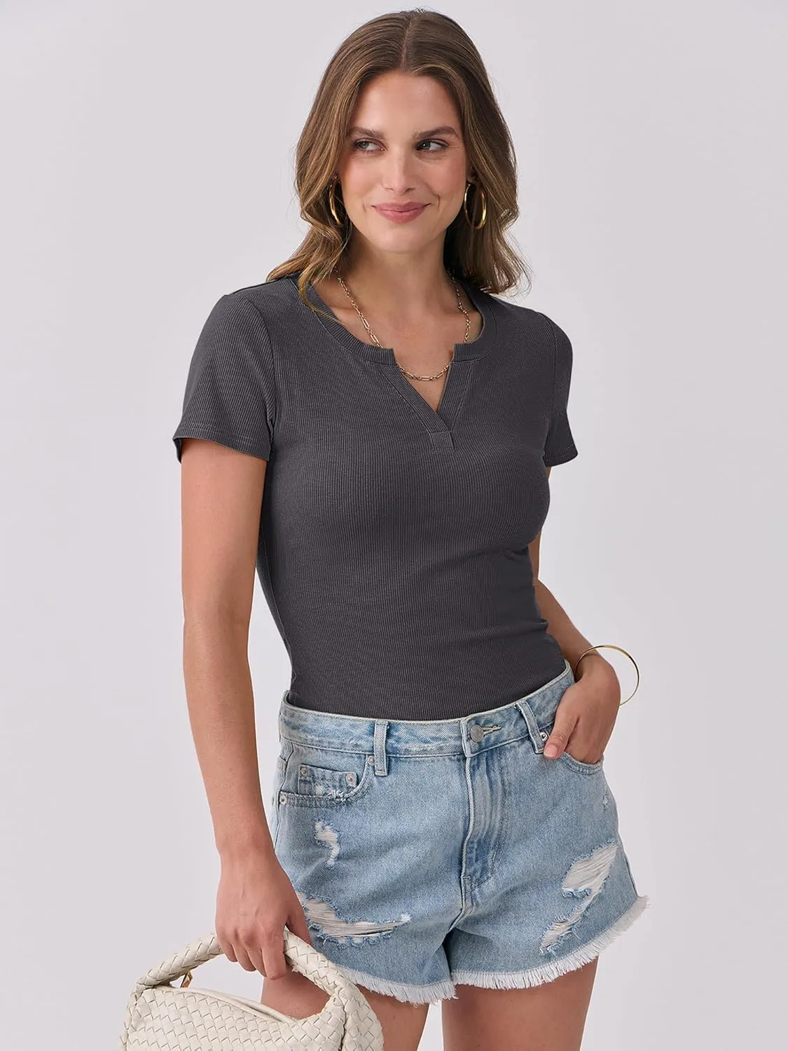 ANRABESS Women Short Sleeve Tops V Neck Rib Knit Slim Fit Shirts Basic Tee 2025 Summer Casual T-Shirt Outfits Clothes