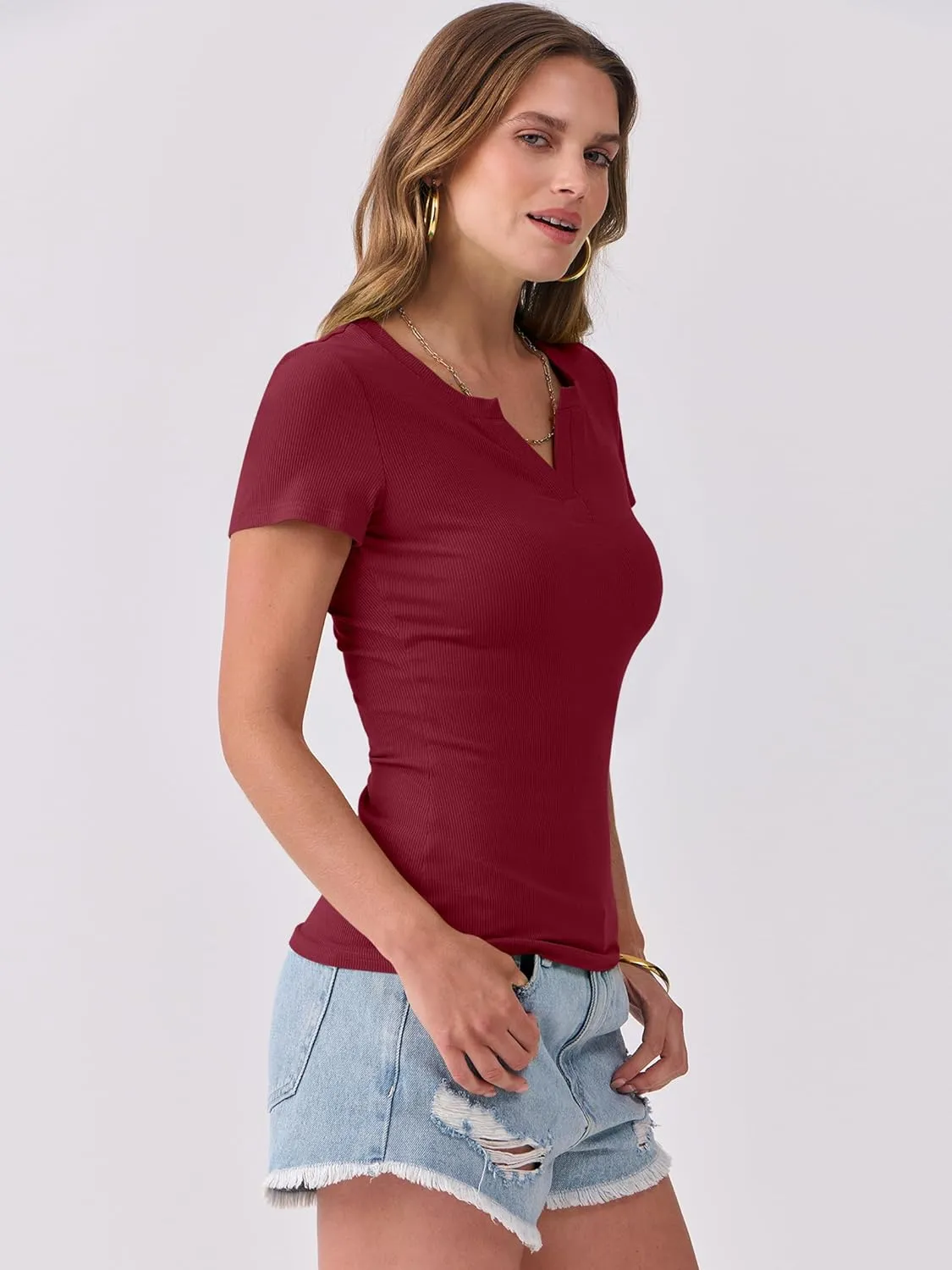 ANRABESS Women Short Sleeve Tops V Neck Rib Knit Slim Fit Shirts Basic Tee 2025 Summer Casual T-Shirt Outfits Clothes
