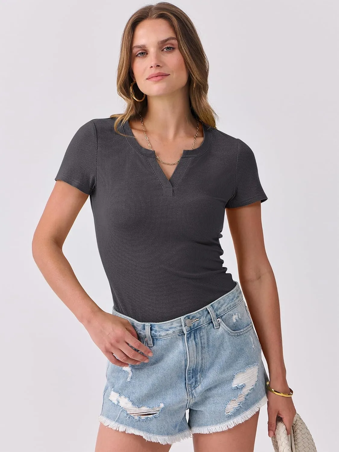 ANRABESS Women Short Sleeve Tops V Neck Rib Knit Slim Fit Shirts Basic Tee 2025 Summer Casual T-Shirt Outfits Clothes