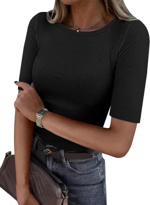 ANRABESS Womens Half Sleeve Crewneck Tops Ribbed Knit Slim Fit Shirts Basic Tee 2025 Spring Summer Dressy Casual T-Shirts