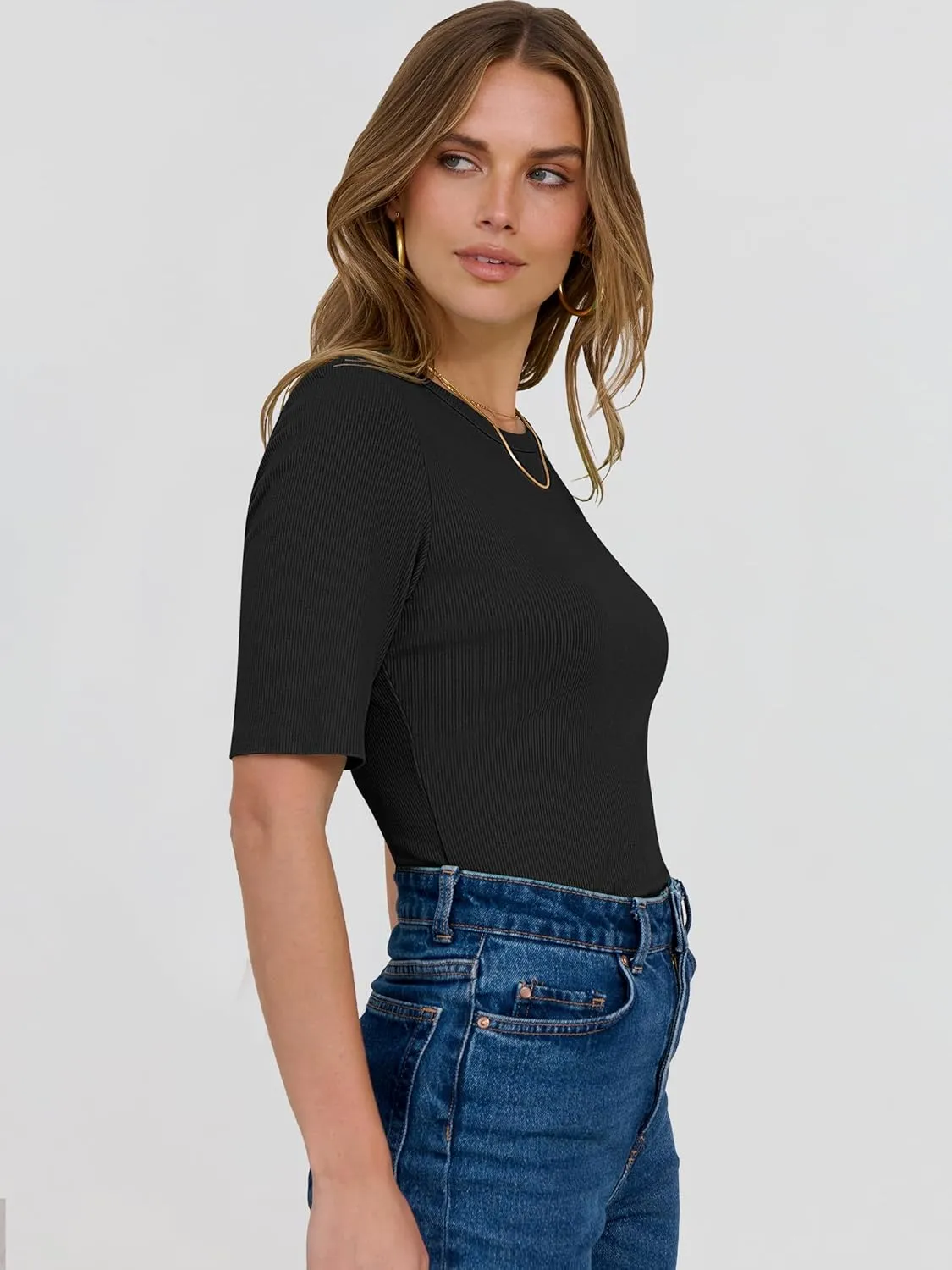 ANRABESS Womens Half Sleeve Crewneck Tops Ribbed Knit Slim Fit Shirts Basic Tee 2025 Spring Summer Dressy Casual T-Shirts