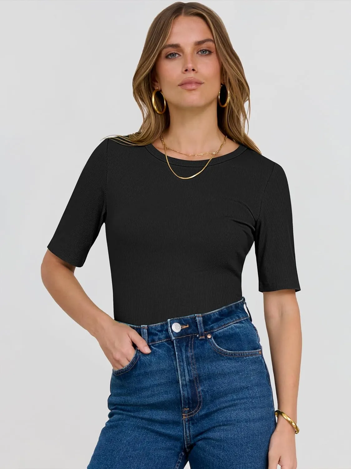 ANRABESS Womens Half Sleeve Crewneck Tops Ribbed Knit Slim Fit Shirts Basic Tee 2025 Spring Summer Dressy Casual T-Shirts