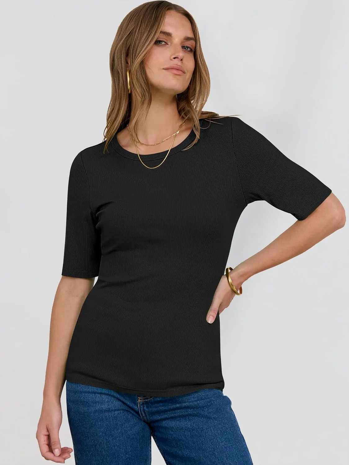 ANRABESS Womens Half Sleeve Crewneck Tops Ribbed Knit Slim Fit Shirts Basic Tee 2025 Spring Summer Dressy Casual T-Shirts