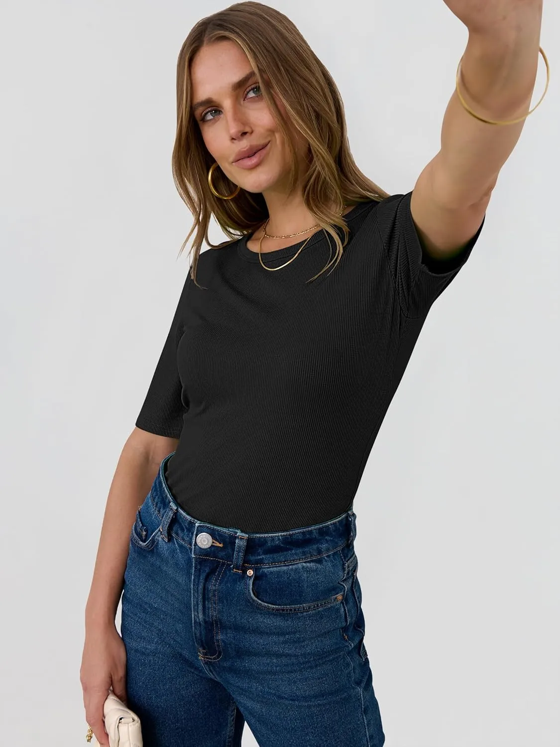 ANRABESS Womens Half Sleeve Crewneck Tops Ribbed Knit Slim Fit Shirts Basic Tee 2025 Spring Summer Dressy Casual T-Shirts