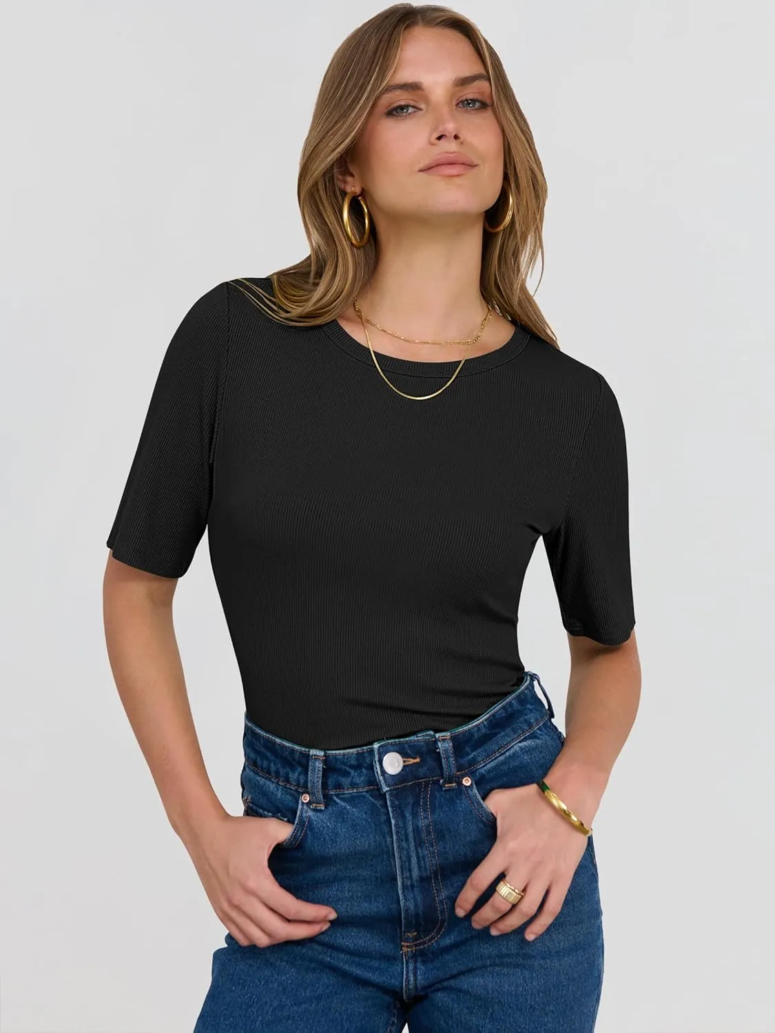 ANRABESS Womens Half Sleeve Crewneck Tops Ribbed Knit Slim Fit Shirts Basic Tee 2025 Spring Summer Dressy Casual T-Shirts