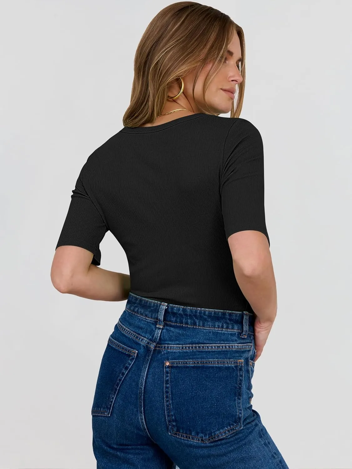 ANRABESS Womens Half Sleeve Crewneck Tops Ribbed Knit Slim Fit Shirts Basic Tee 2025 Spring Summer Dressy Casual T-Shirts