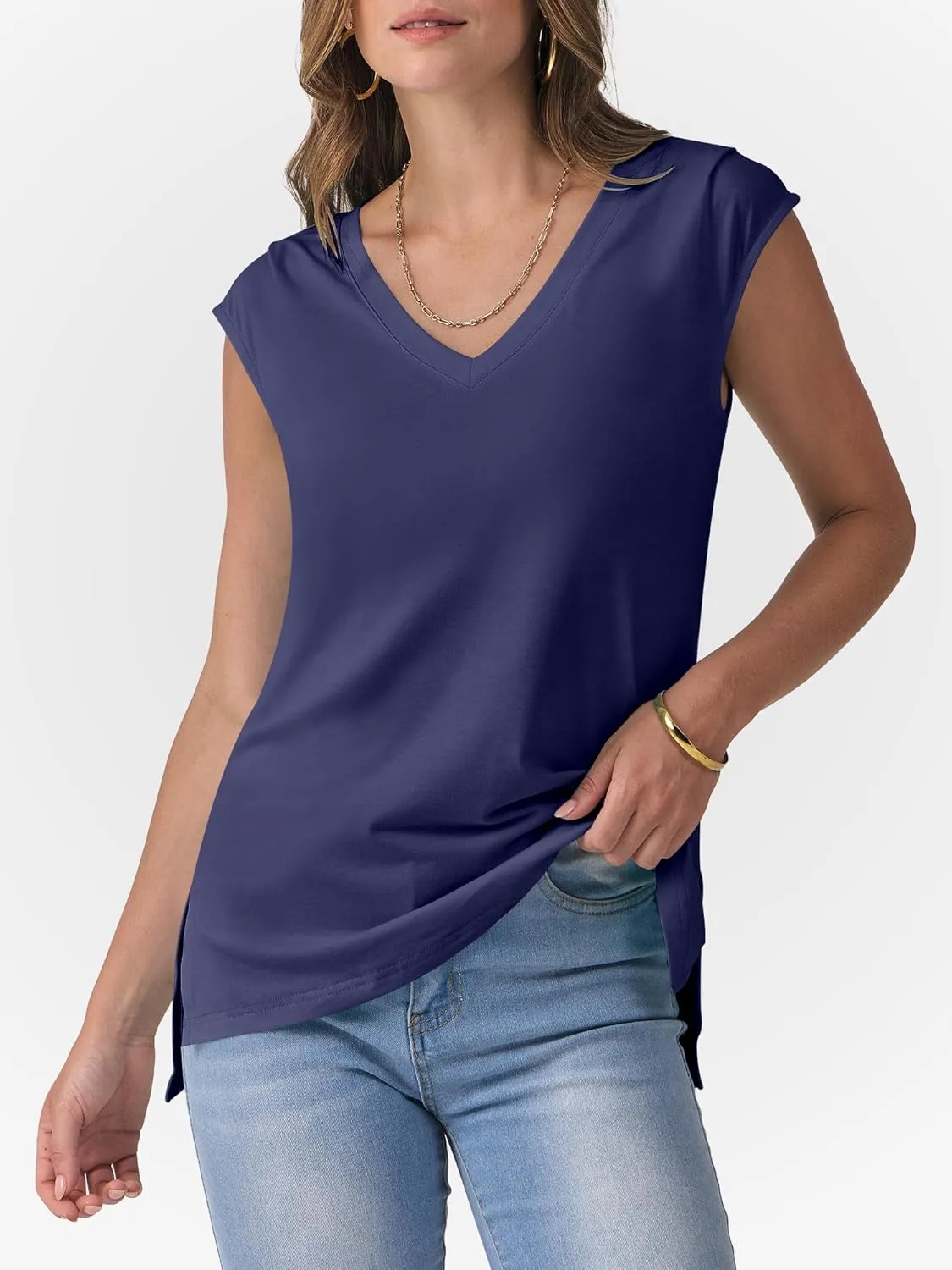 ANRABESS Womens Tank Top V Neck Cap Sleeve Summer Casual Loose Slit Side Sleeveless Tunic Tee Shirts 2025 Trendy Clothes