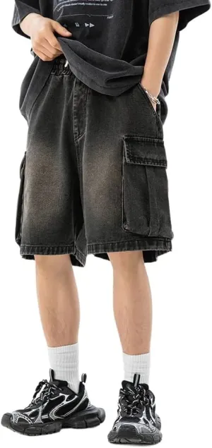 Baggy Cargo Jorts for Men Summer Regular Fit Drawstring Wide Leg Jeans Casual Hip Hop Denim Shorts Y2k