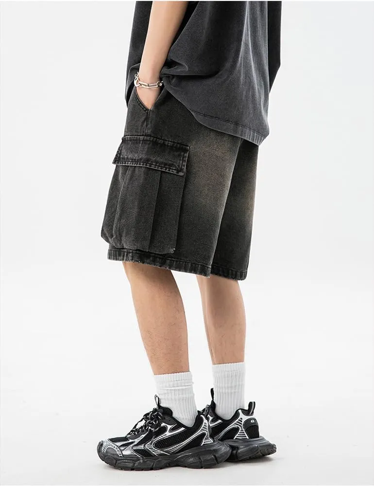 Baggy Cargo Jorts for Men Summer Regular Fit Drawstring Wide Leg Jeans Casual Hip Hop Denim Shorts Y2k