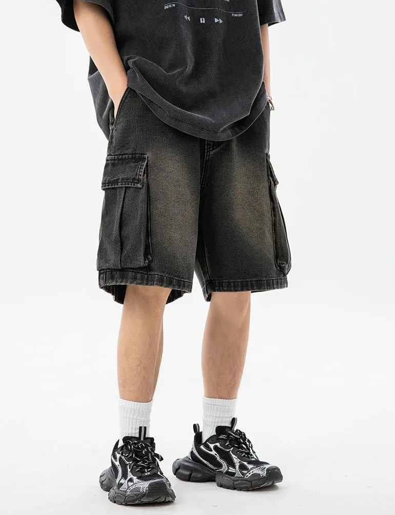 Baggy Cargo Jorts for Men Summer Regular Fit Drawstring Wide Leg Jeans Casual Hip Hop Denim Shorts Y2k