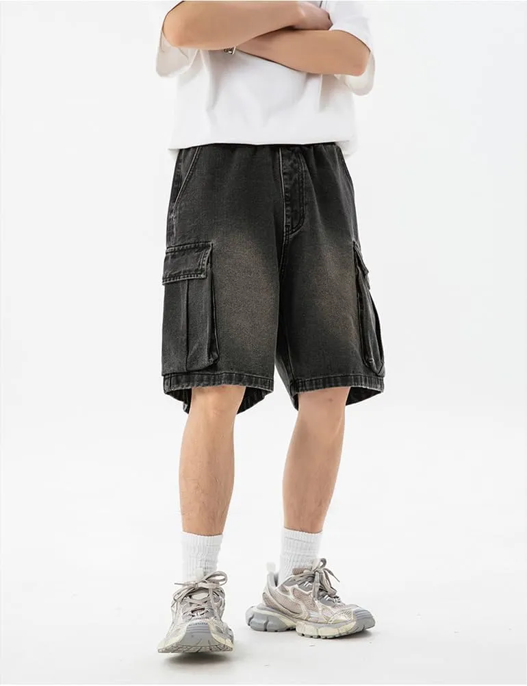 Baggy Cargo Jorts for Men Summer Regular Fit Drawstring Wide Leg Jeans Casual Hip Hop Denim Shorts Y2k