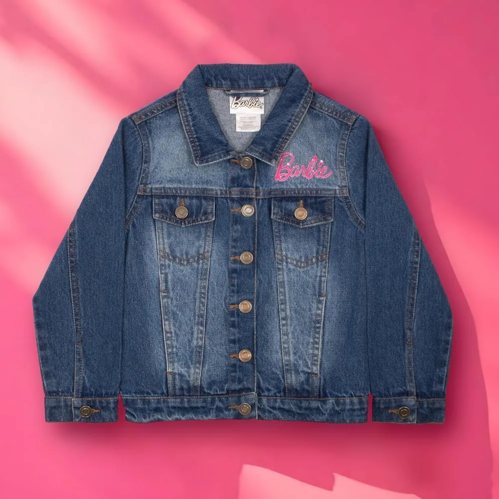 Barbie Girl's Button Up Jean Jacket - Fashion Denim Jacket Print for Kids