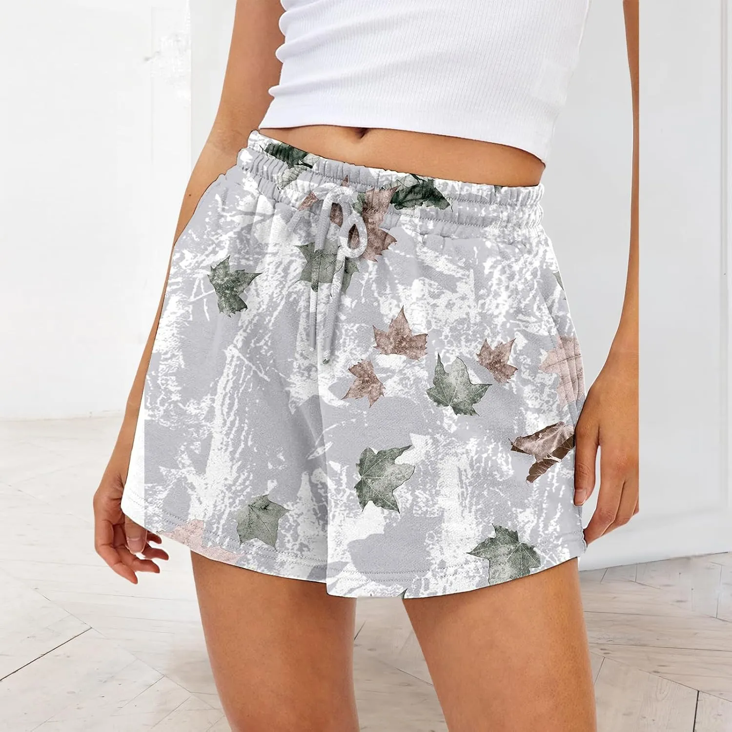 Camo Shorts Women Maple Leaf Print Sweat Short Elastic High Waisted Workout Shorts Lounge Camouflage Short