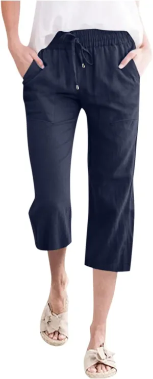 Capri Pants for Women Casual Summer Linen Capris Drawstring Elastic Waist Wide Leg Cropped Trousers