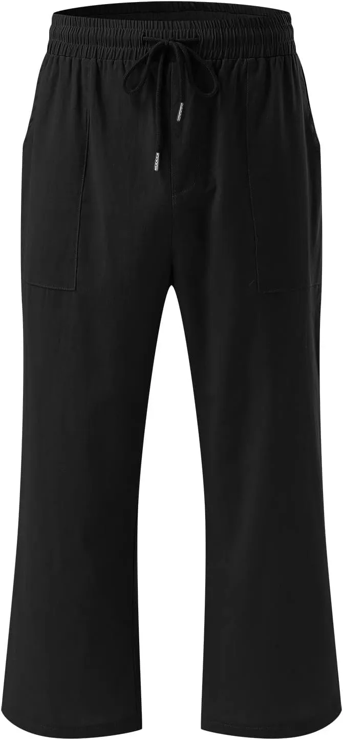 Capri Pants for Women Casual Summer Linen Capris Drawstring Elastic Waist Wide Leg Cropped Trousers