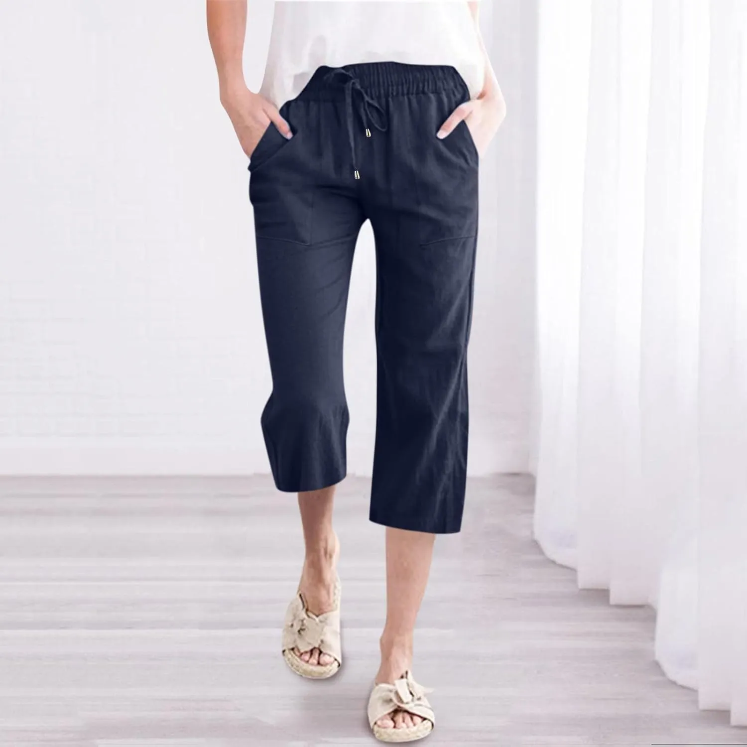 Capri Pants for Women Casual Summer Linen Capris Drawstring Elastic Waist Wide Leg Cropped Trousers
