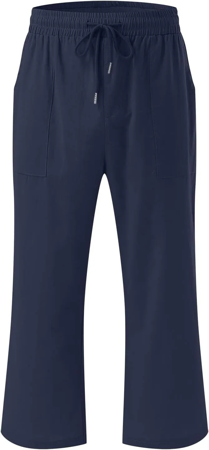 Capri Pants for Women Casual Summer Linen Capris Drawstring Elastic Waist Wide Leg Cropped Trousers