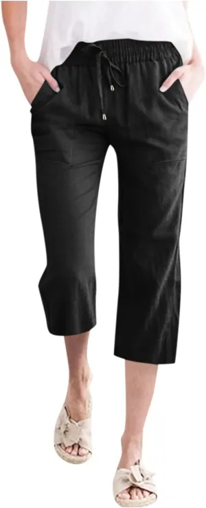 Capri Pants for Women Casual Summer Linen Capris Drawstring Elastic Waist Wide Leg Cropped Trousers