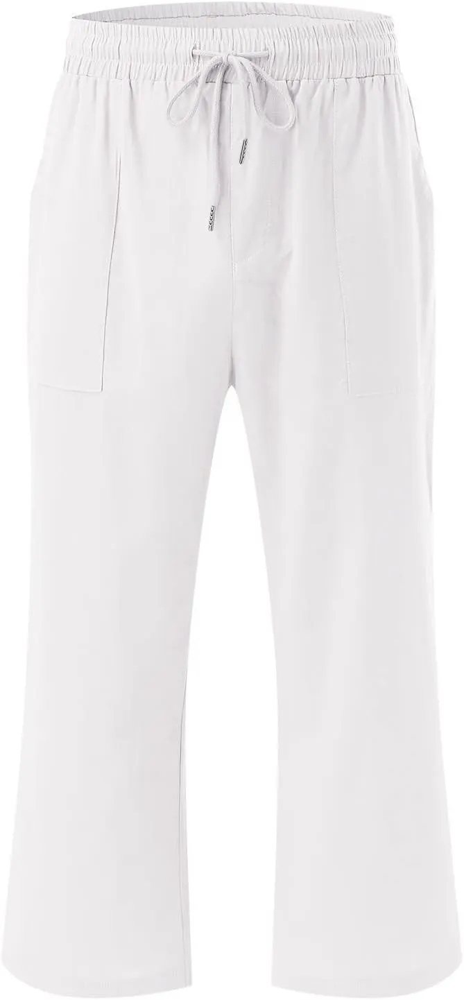 Capri Pants for Women Linen Casual Summer Wide Leg Loose Elastic Waisted Cropped Trouser Beach Pant