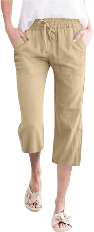 Capri Pants for Women Linen Casual Summer Wide Leg Loose Elastic Waisted Cropped Trouser Beach Pant